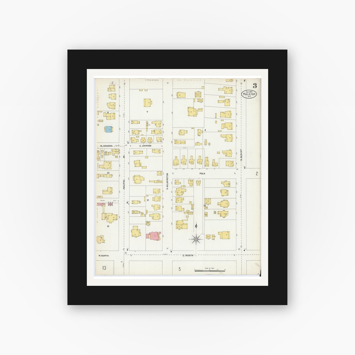 Old map wall art mockup — black gallery frame with white mat — Sanborn Fire Insurance Map from Raleigh, Wake County, North Carolina (1903), Sheet #0003