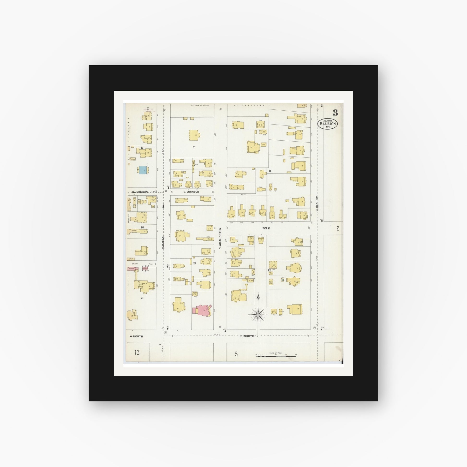 Old map wall art mockup — black gallery frame with white mat — Sanborn Fire Insurance Map from Raleigh, Wake County, North Carolina (1903), Sheet #0003