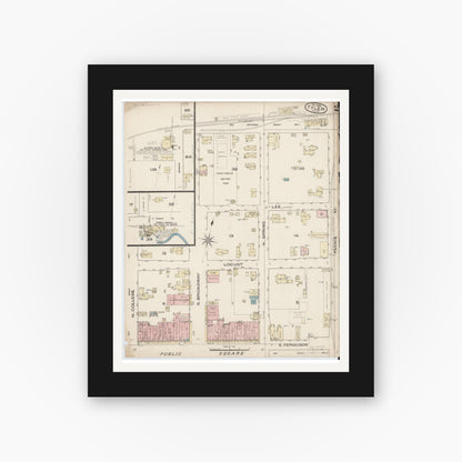 Old map wall art mockup — black gallery frame with white mat — Sanborn Fire Insurance Map from Tyler, Smith County, Texas (1885), Sheet #0002