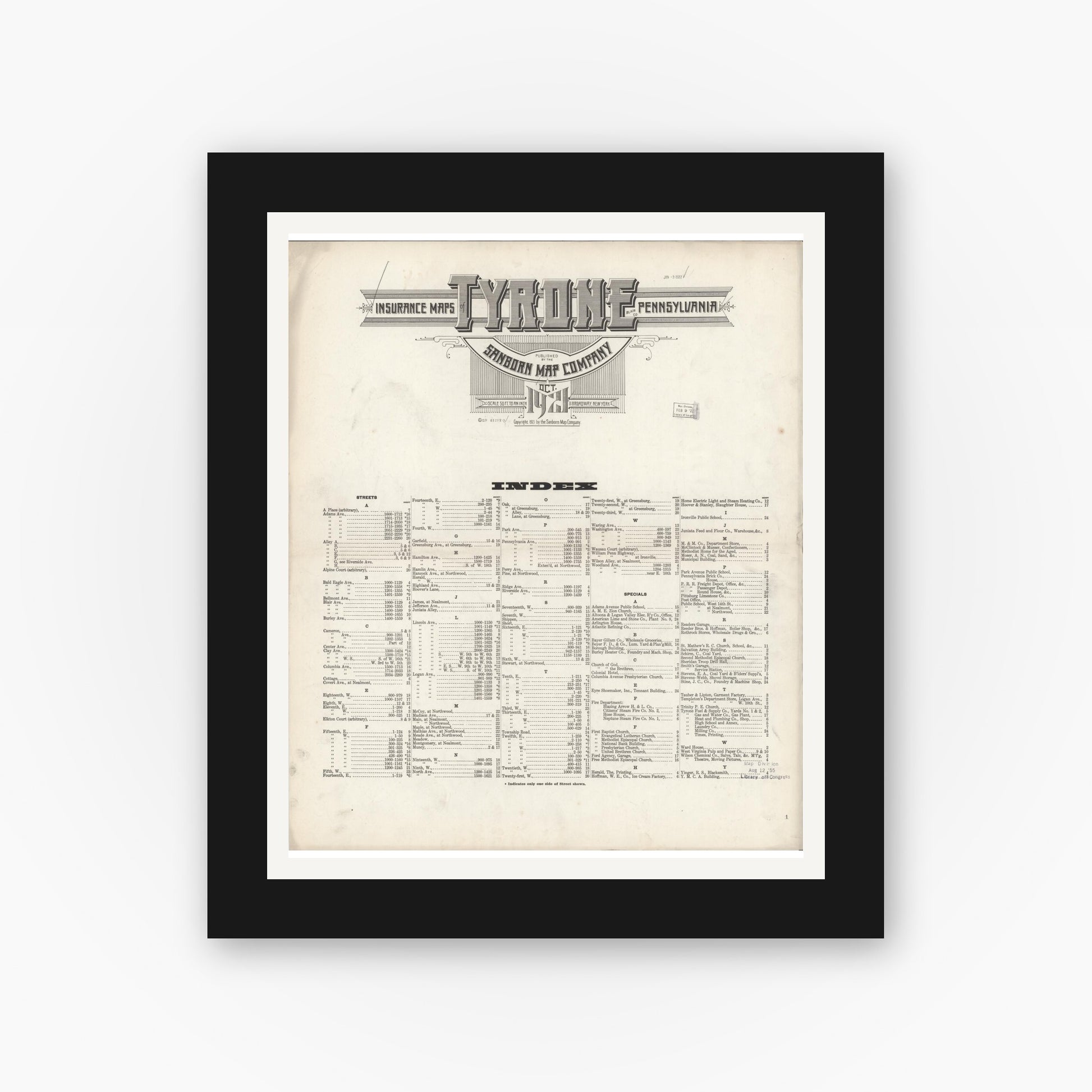 Old map wall art mockup — black gallery frame with white mat — Sanborn Fire Insurance Map from Tyrone, Blair County, Pennsylvania (1921), Sheet #0001