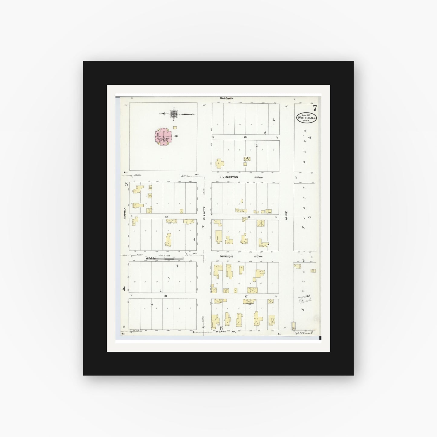 Old map wall art mockup — black gallery frame with white mat — Sanborn Fire Insurance Map from Whitehall, Muskegon County, Michigan (1910), Sheet #0007