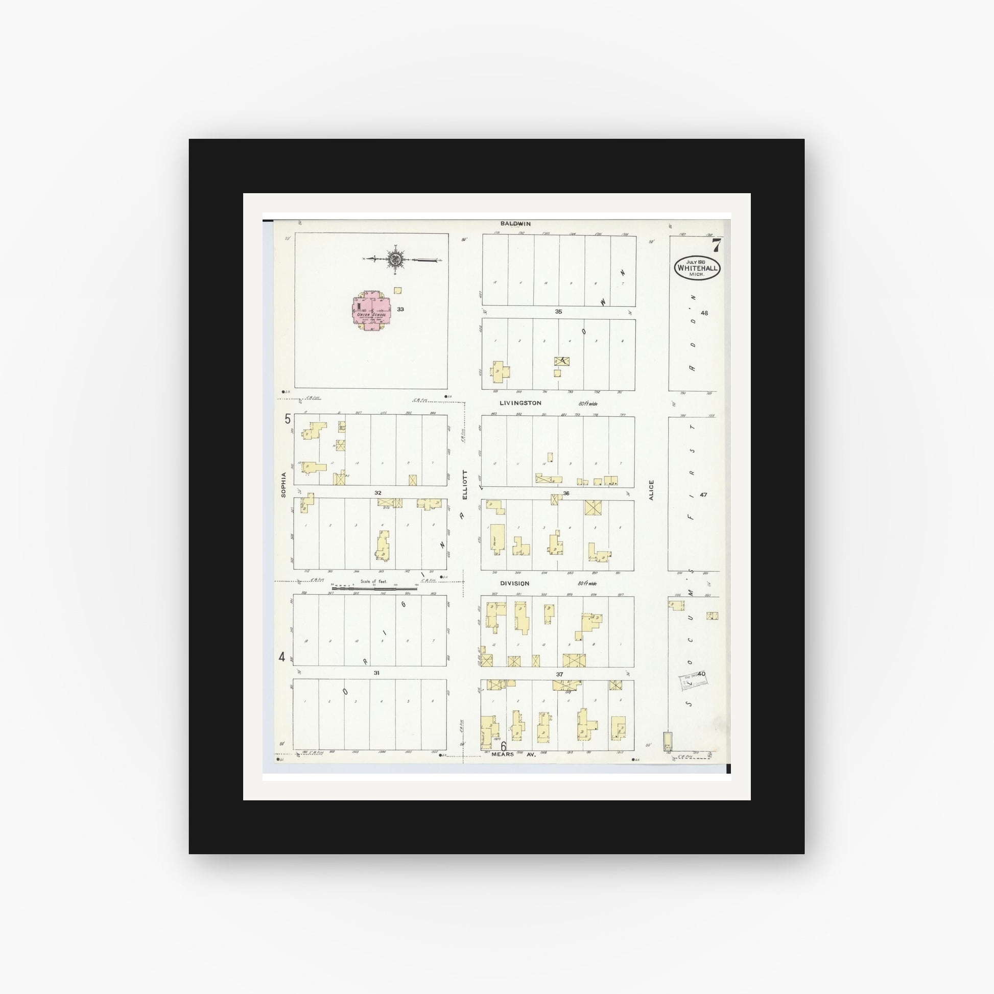 Old map wall art mockup — black gallery frame with white mat — Sanborn Fire Insurance Map from Whitehall, Muskegon County, Michigan (1910), Sheet #0007