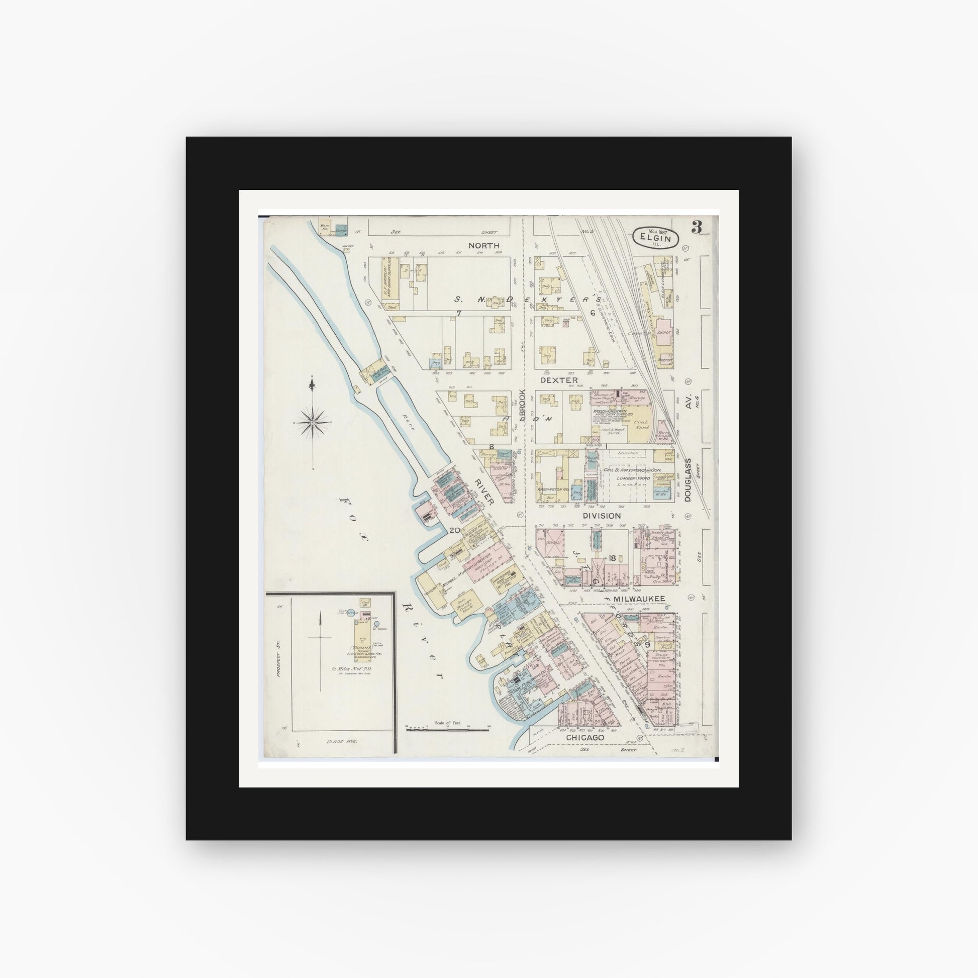 Old map wall art mockup — black gallery frame with white mat — Sanborn Fire Insurance Map from Elgin, Kane County, Illinois (1887), Sheet #0003