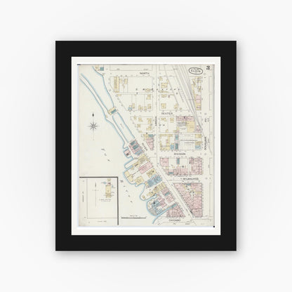 Old map wall art mockup — black gallery frame with white mat — Sanborn Fire Insurance Map from Elgin, Kane County, Illinois (1887), Sheet #0003