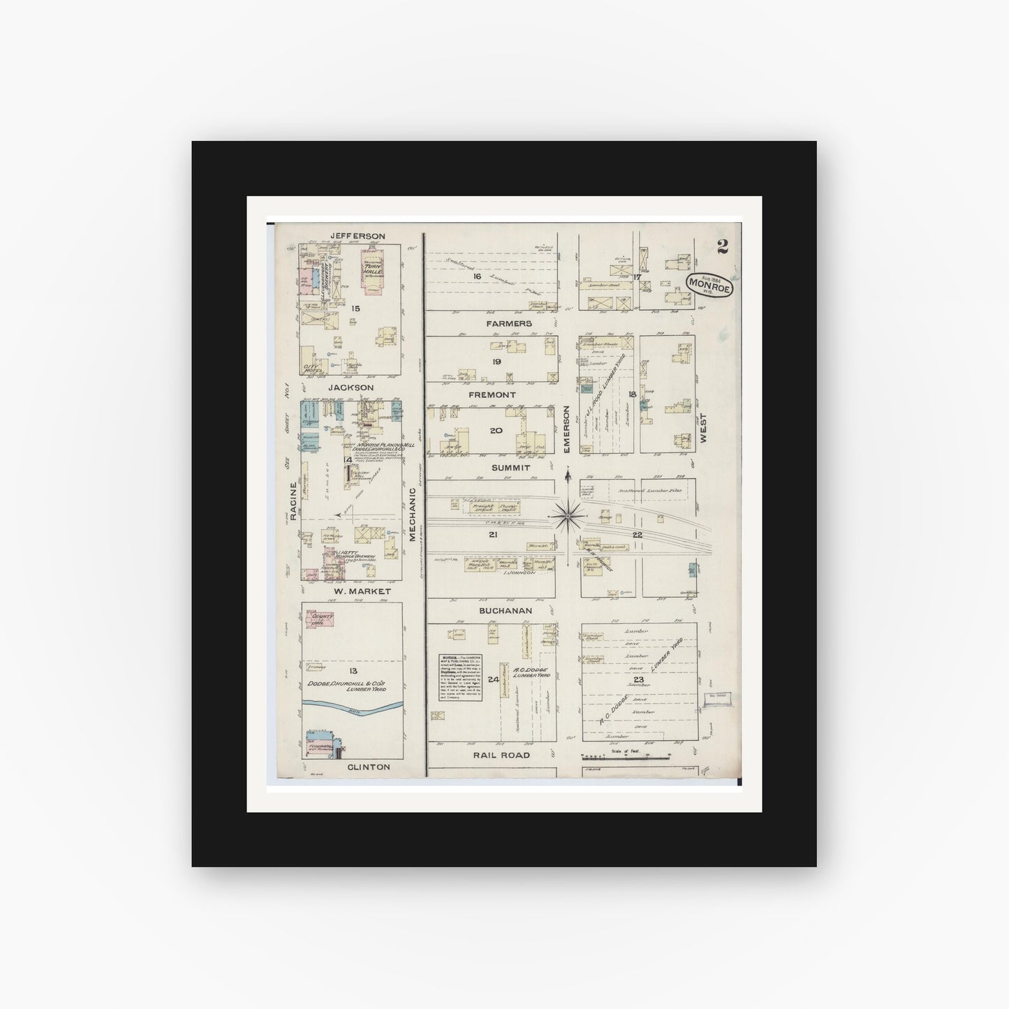 Old map wall art mockup — black gallery frame with white mat — Sanborn Fire Insurance Map from Monroe, Green County, Wisconsin (1884), Sheet #0002