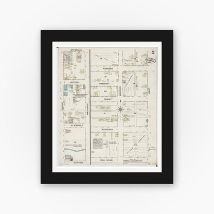 Old map wall art mockup — black gallery frame with white mat — Sanborn Fire Insurance Map from Monroe, Green County, Wisconsin (1884), Sheet #0002