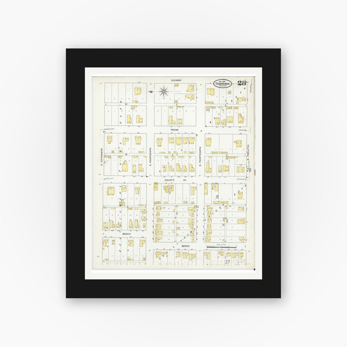 Old map wall art mockup — black gallery frame with white mat — Sanborn Fire Insurance Map from Texarkana, Bowie County, Texas (1909), Sheet #0028
