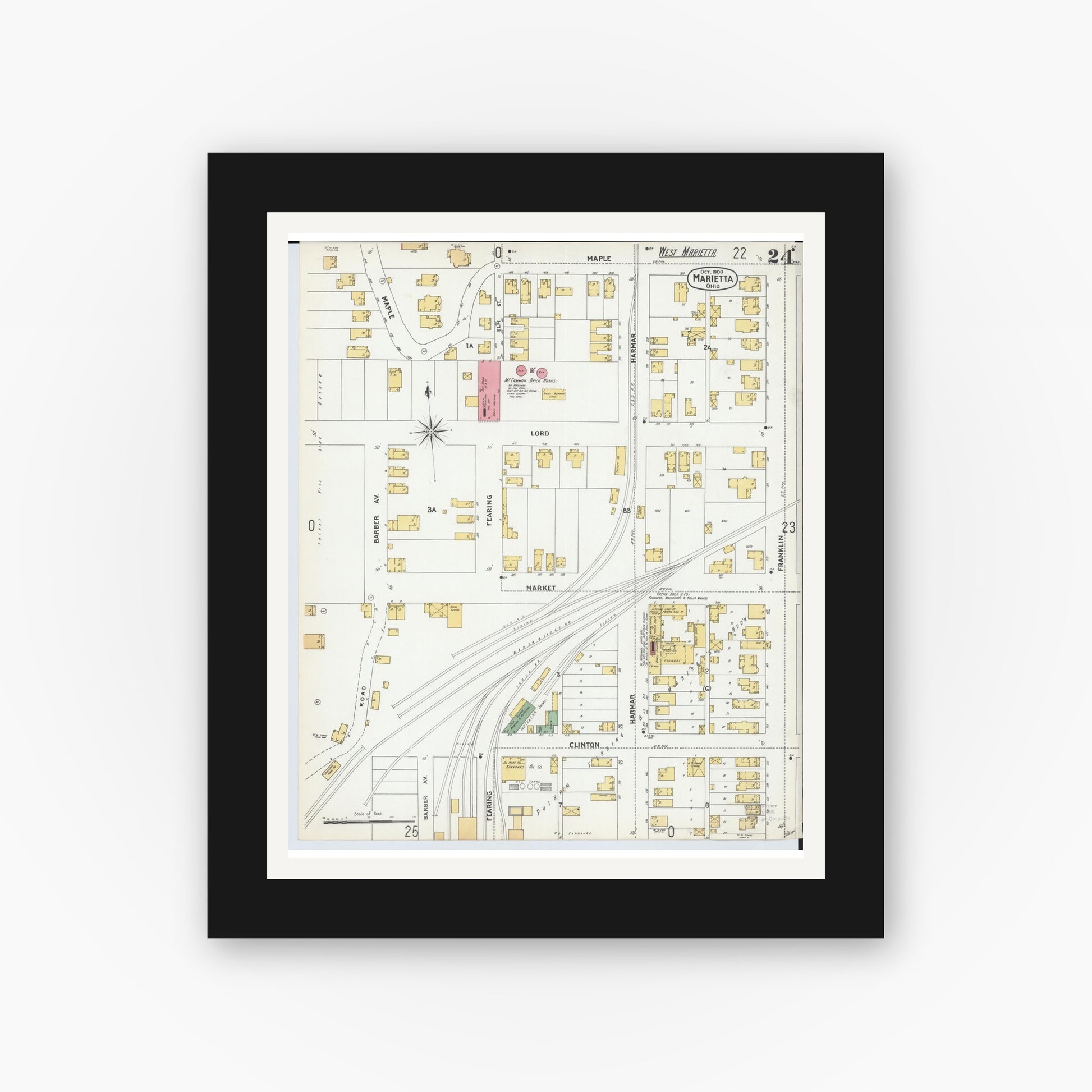 Old map wall art mockup — black gallery frame with white mat — Sanborn Fire Insurance Map from Marietta, Washington County, Ohio (1900), Sheet #0024