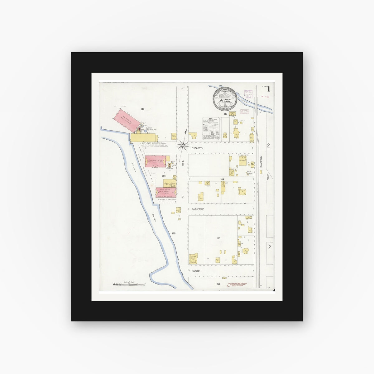Old map wall art mockup — black gallery frame with white mat — Sanborn Fire Insurance Map from Alviso, Santa Clara County, California (1908), Sheet #0001