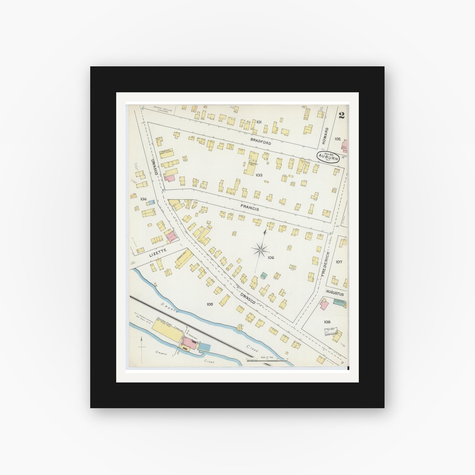 Old map wall art mockup — black gallery frame with white mat — Sanborn Fire Insurance Map from Auburn, Cayuga County, New York (1892) - Complete Map Set
