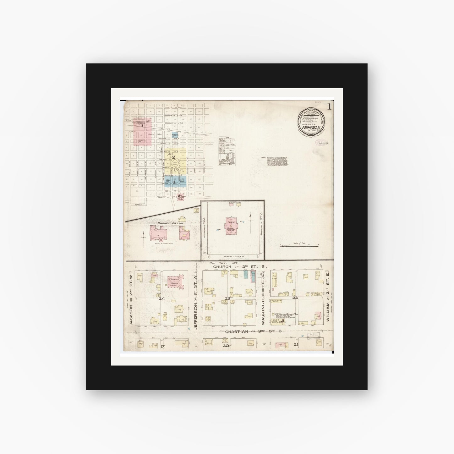 Old map wall art mockup — black gallery frame with white mat — Sanborn Fire Insurance Map from Fairfield, Jefferson County, Iowa (1885), Sheet #0001