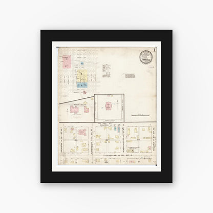 Old map wall art mockup — black gallery frame with white mat — Sanborn Fire Insurance Map from Fairfield, Jefferson County, Iowa (1885), Sheet #0001