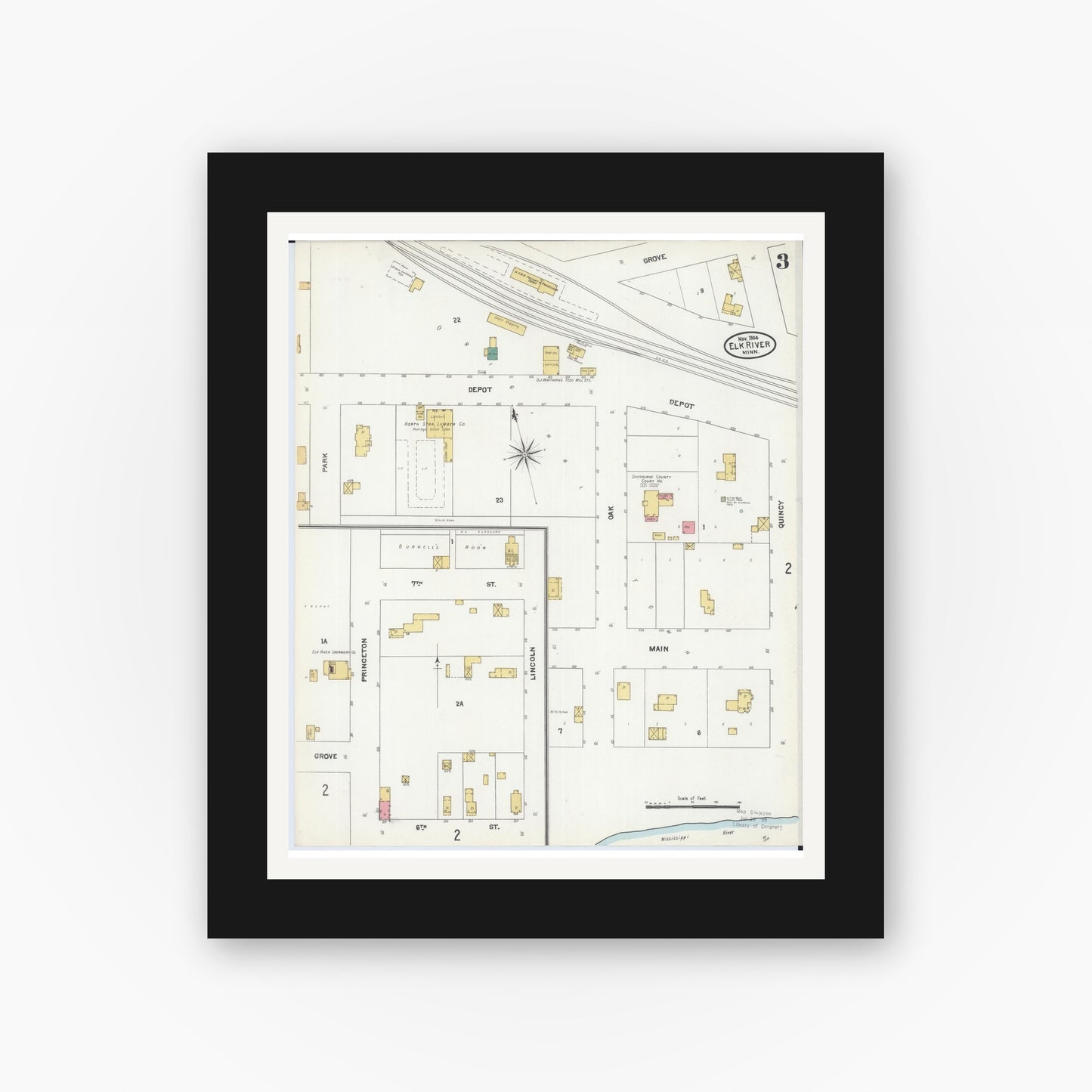 Old map wall art mockup — black gallery frame with white mat — Sanborn Fire Insurance Map from Elk River, Sherburne County, Minnesota (1905), Sheet #0003