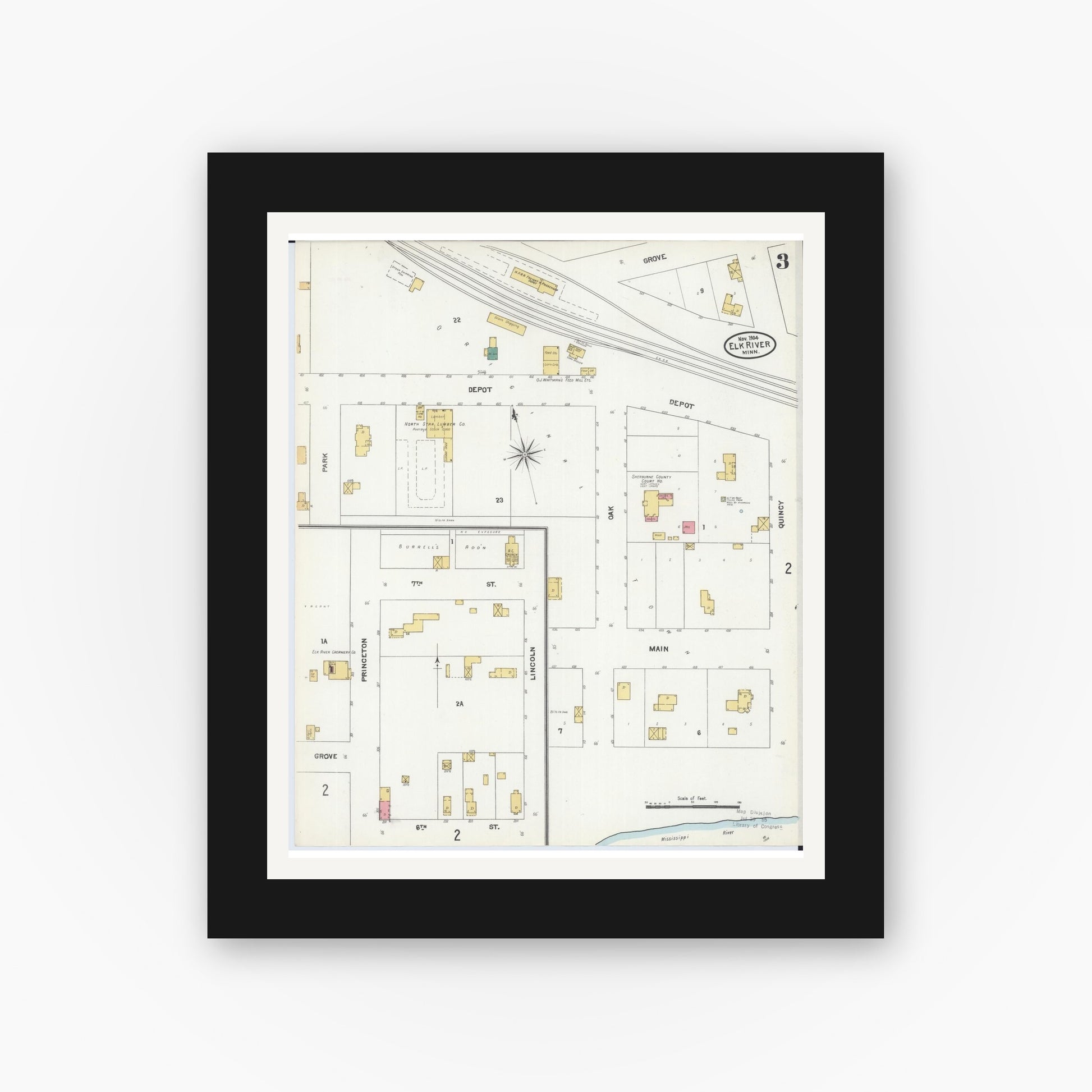 Old map wall art mockup — black gallery frame with white mat — Sanborn Fire Insurance Map from Elk River, Sherburne County, Minnesota (1905), Sheet #0003