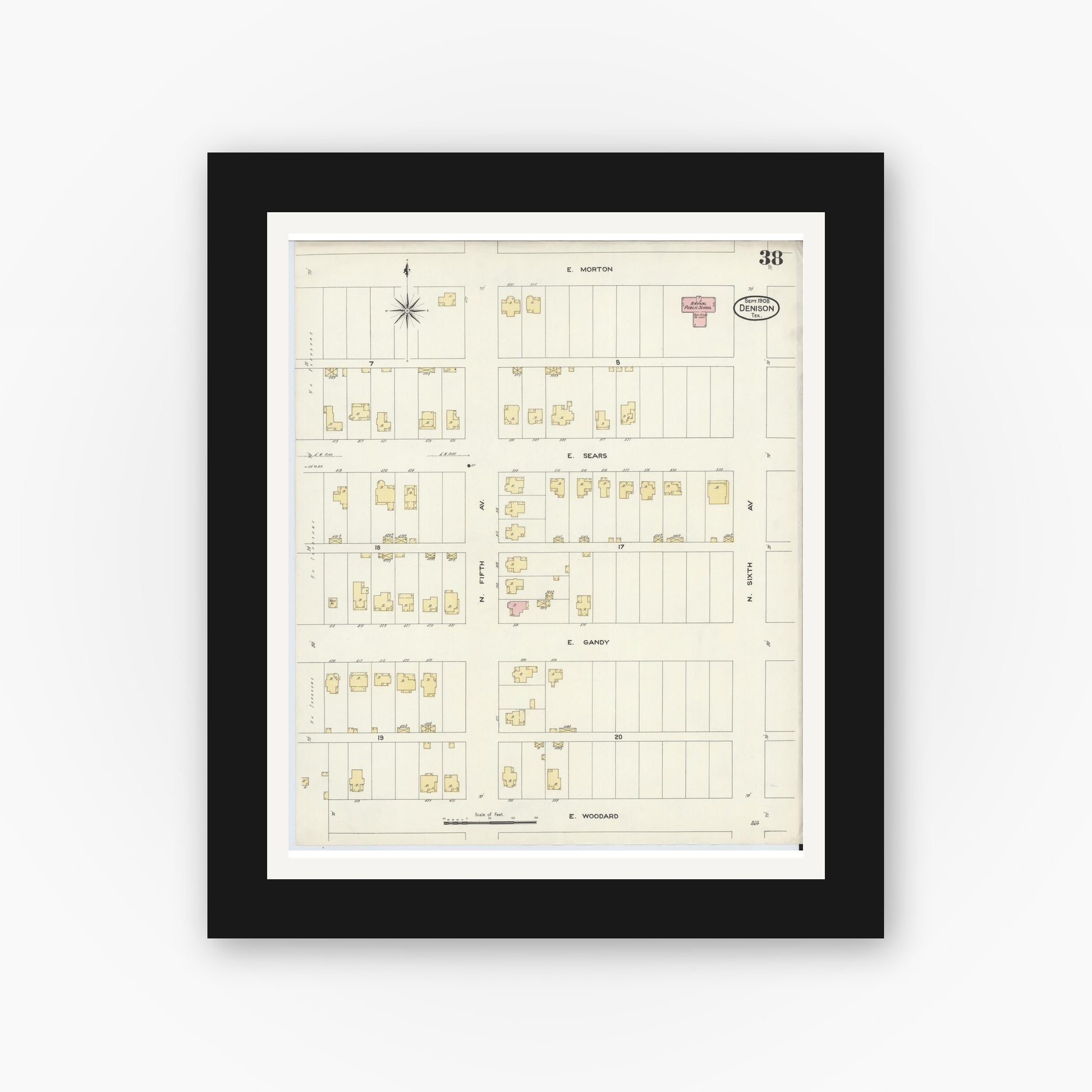Old map wall art mockup — black gallery frame with white mat — Sanborn Fire Insurance Map from Denison, Grayson County, Texas (1908), Sheet #0038