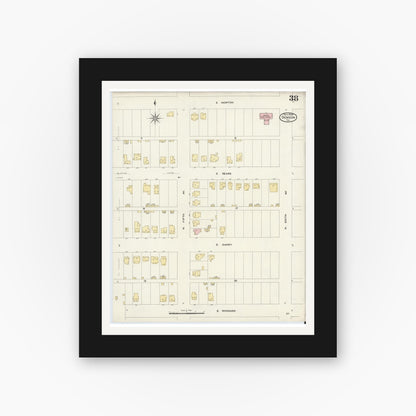 Old map wall art mockup — black gallery frame with white mat — Sanborn Fire Insurance Map from Denison, Grayson County, Texas (1908), Sheet #0038