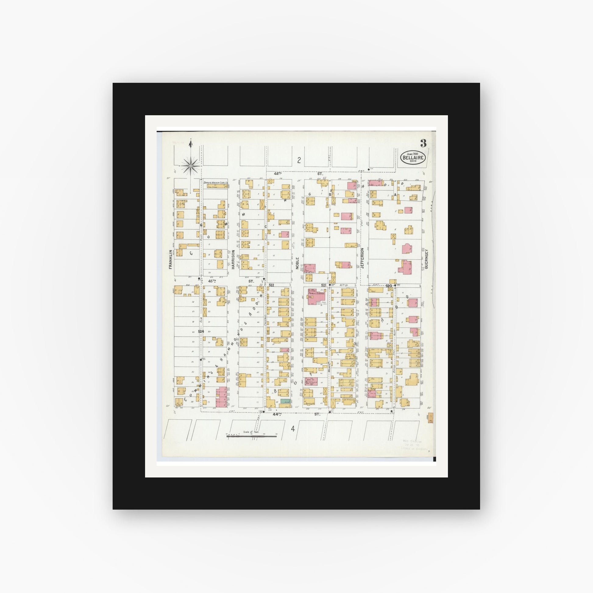 Old map wall art mockup — black gallery frame with white mat — Sanborn Fire Insurance Map from Bellaire, Belmont County, Ohio (1900), Sheet #0003