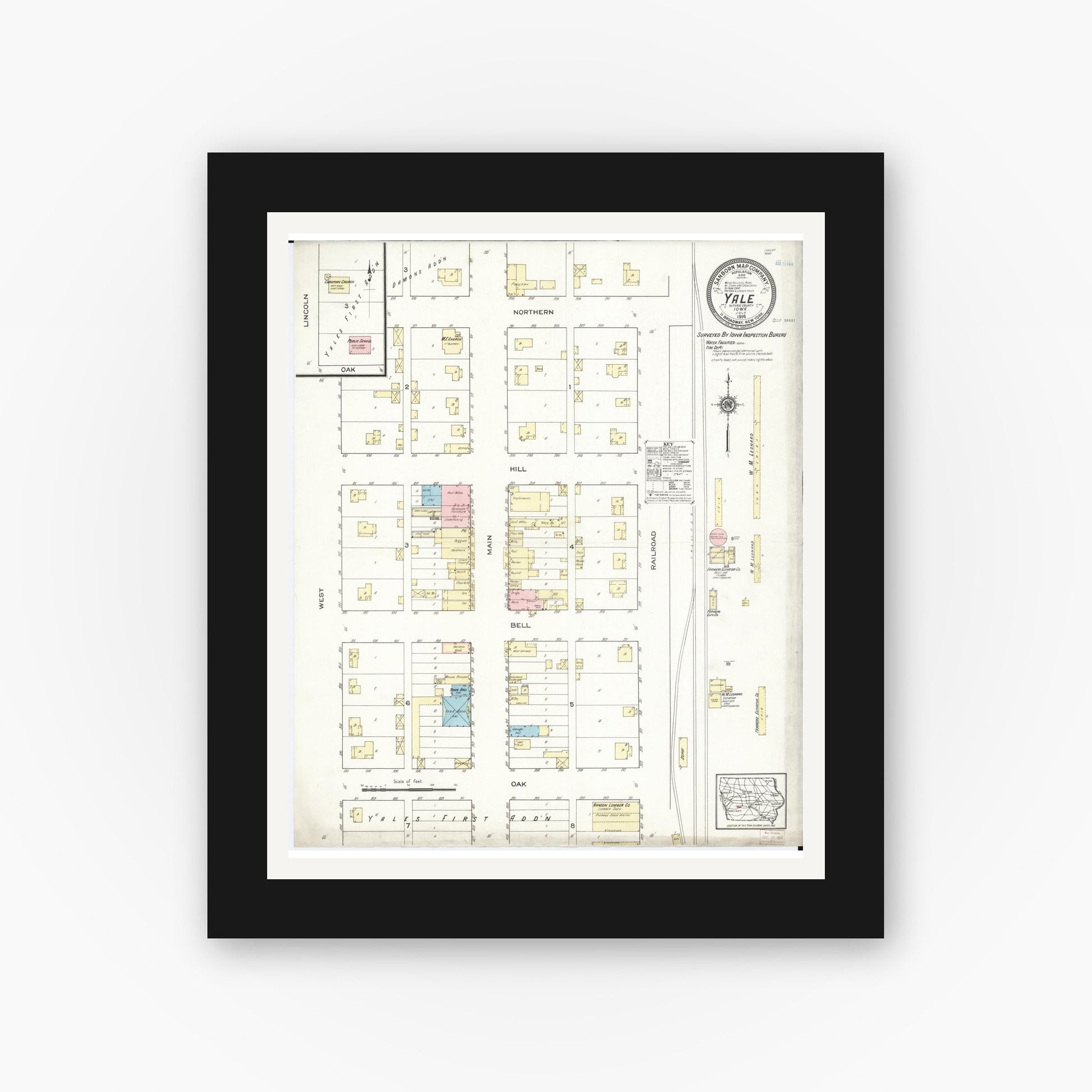 Old map wall art mockup — black gallery frame with white mat — Sanborn Fire Insurance Map from Yale, Guthrie County, Iowa (1914), Sheet #0001