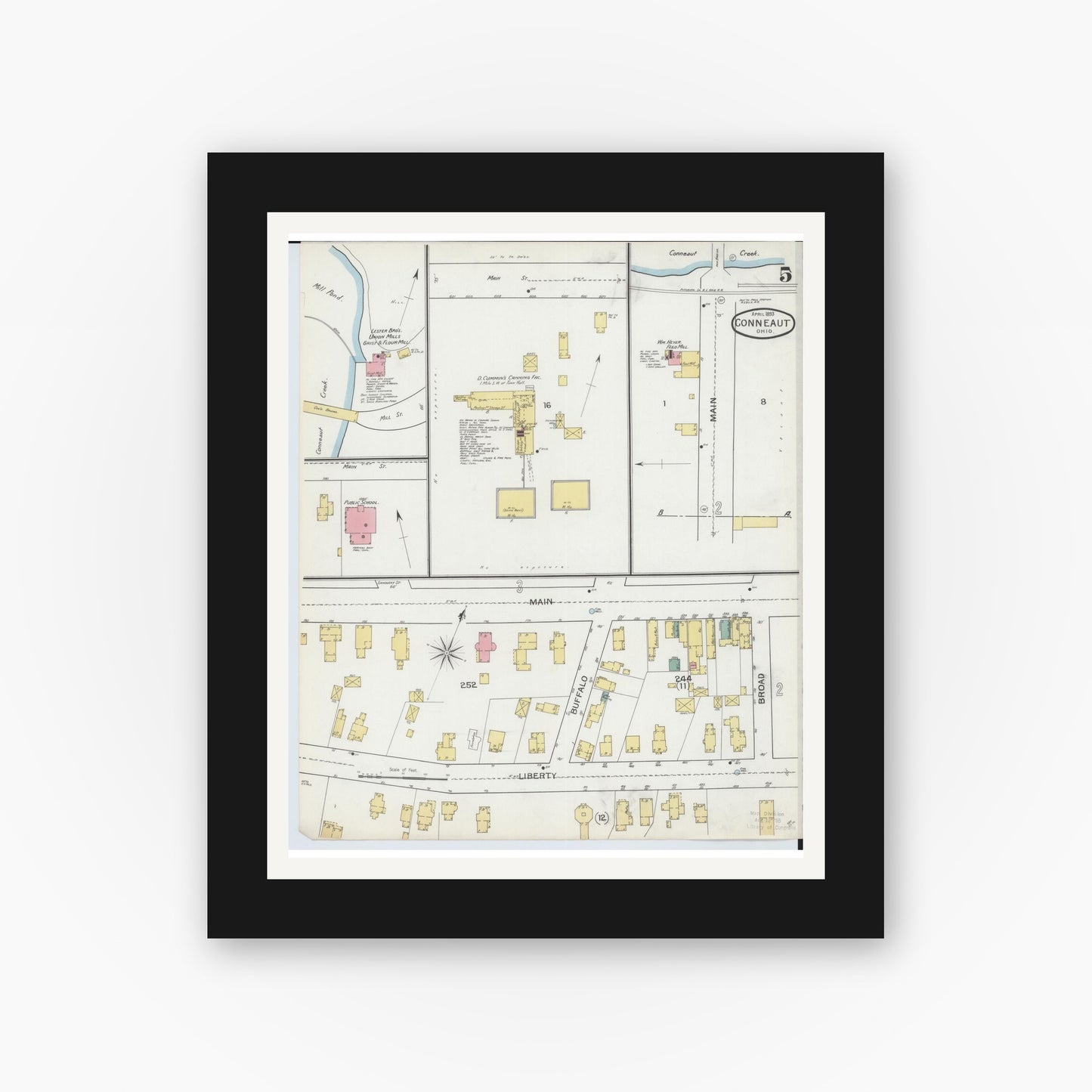 Old map wall art mockup — black gallery frame with white mat — Sanborn Fire Insurance Map from Conneaut, Ashtabula County, Ohio (1893), Sheet #0005