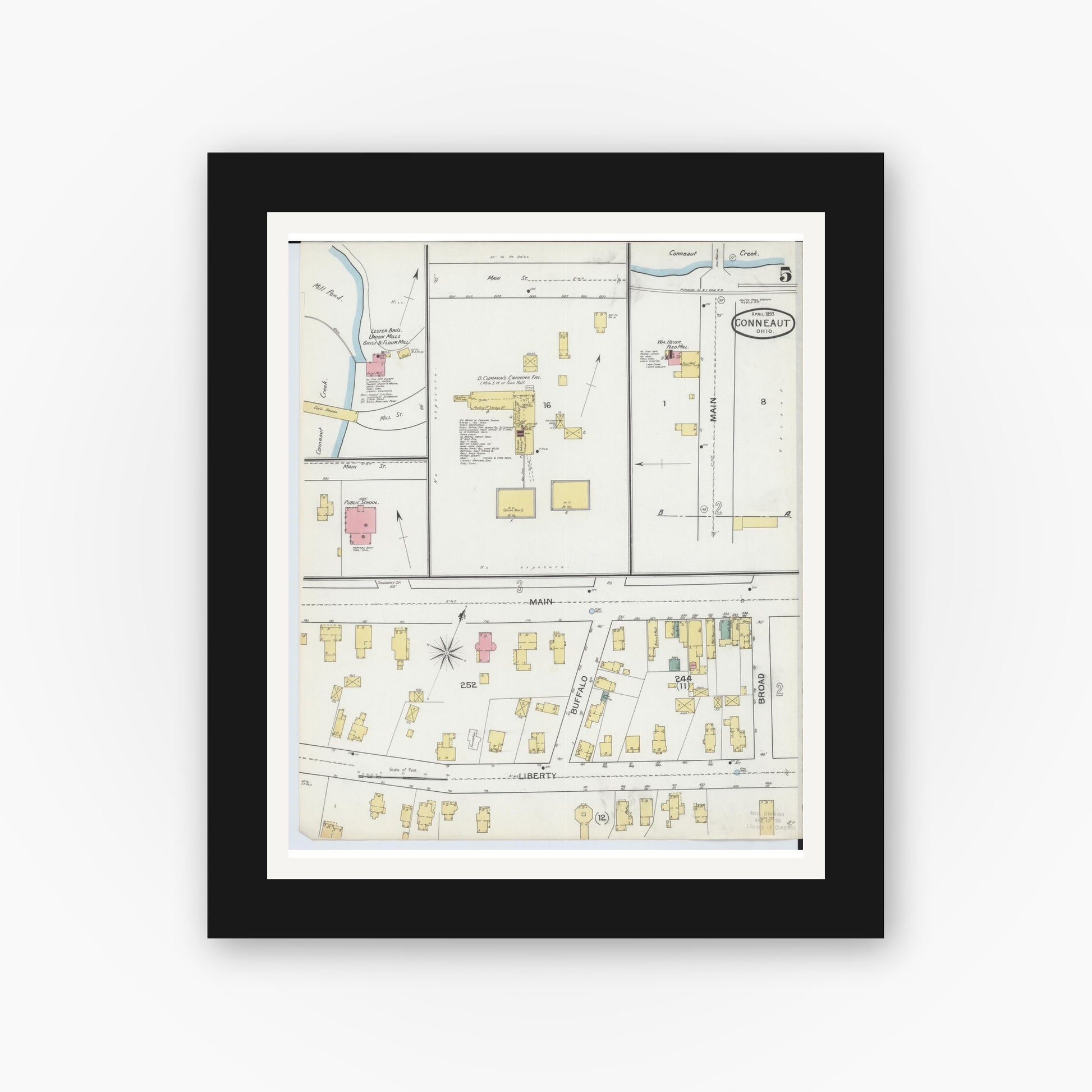Old map wall art mockup — black gallery frame with white mat — Sanborn Fire Insurance Map from Conneaut, Ashtabula County, Ohio (1893), Sheet #0005