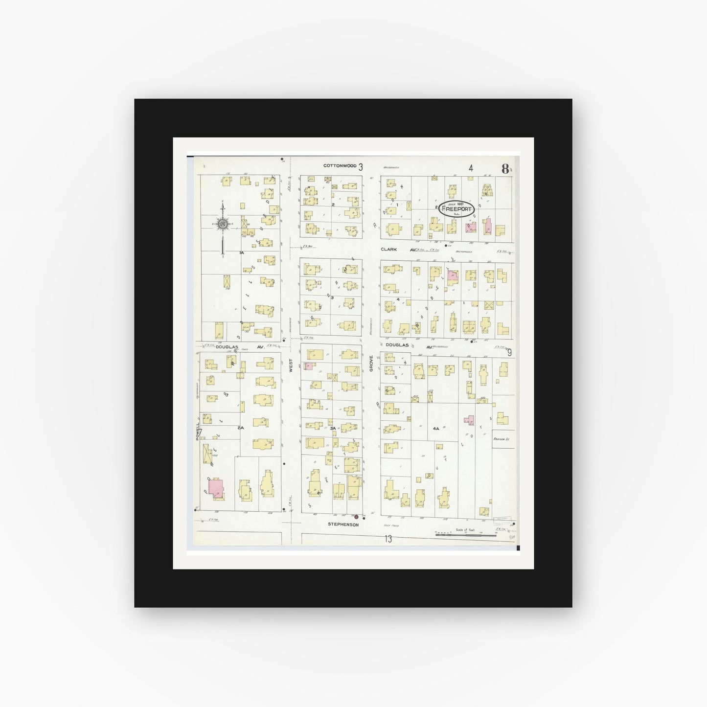 Old map wall art mockup — black gallery frame with white mat — Sanborn Fire Insurance Map from Freeport, Stephenson County, Illinois (1910), Sheet #0008
