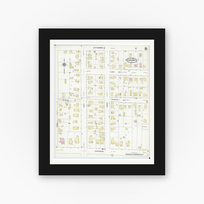 Old map wall art mockup — black gallery frame with white mat — Sanborn Fire Insurance Map from Freeport, Stephenson County, Illinois (1910), Sheet #0008
