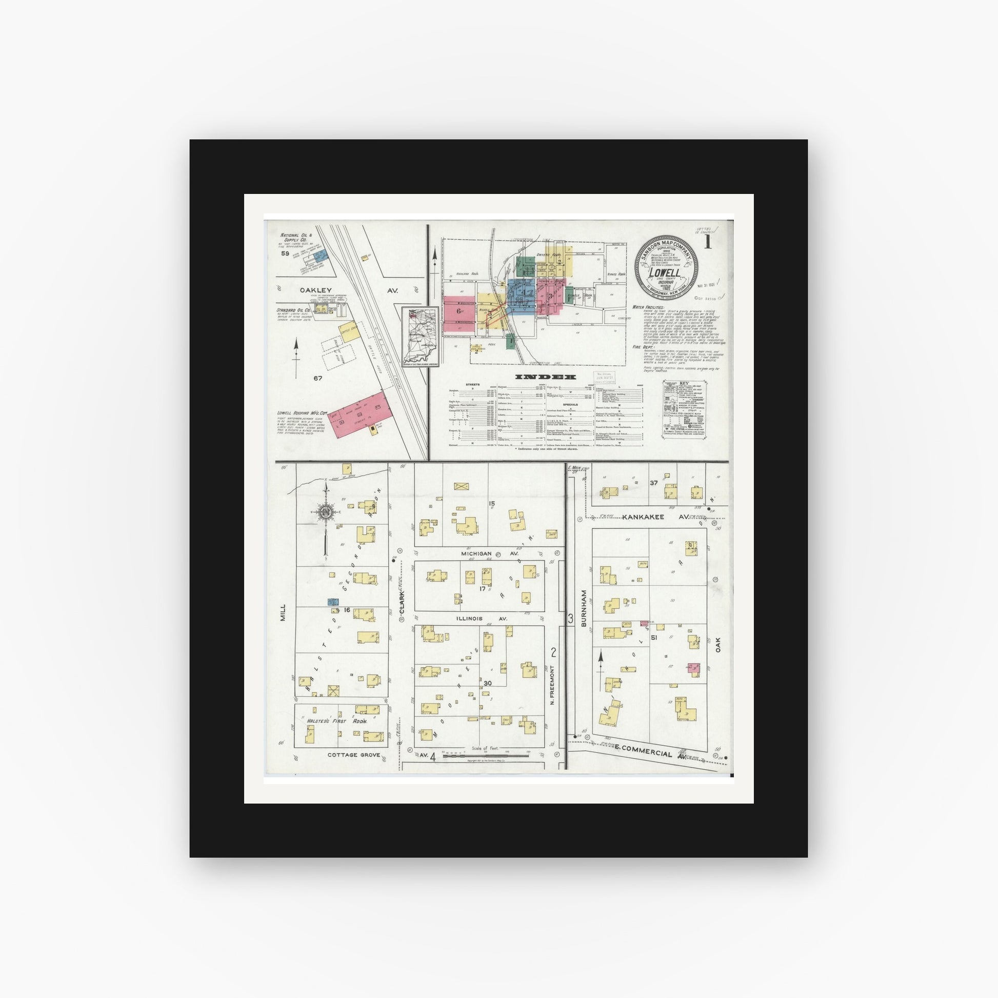 Old map wall art mockup — black gallery frame with white mat — Sanborn Fire Insurance Map from Lowell, Lake County, Indiana (1921) - Complete Map Set