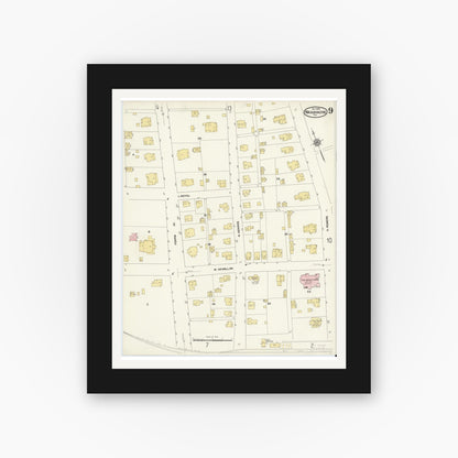 Old map wall art mockup — black gallery frame with white mat — Sanborn Fire Insurance Map from Waxahachie, Ellis County, Texas (1909), Sheet #0009