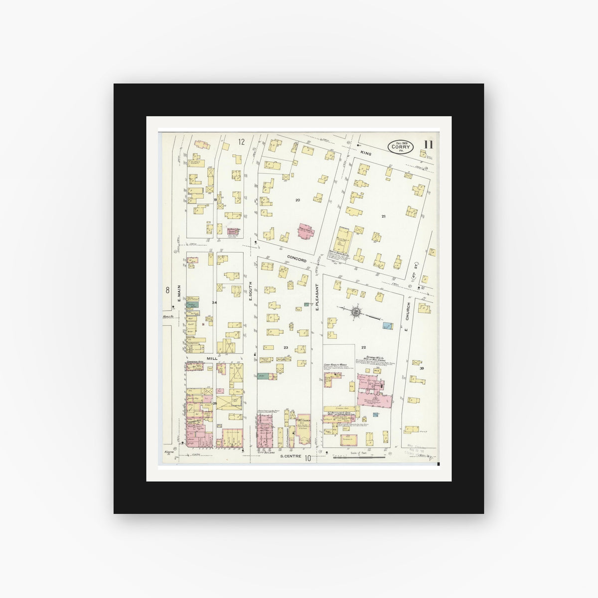Old map wall art mockup — black gallery frame with white mat — Sanborn Fire Insurance Map from Corry, Erie County, Pennsylvania (1909), Sheet #0011