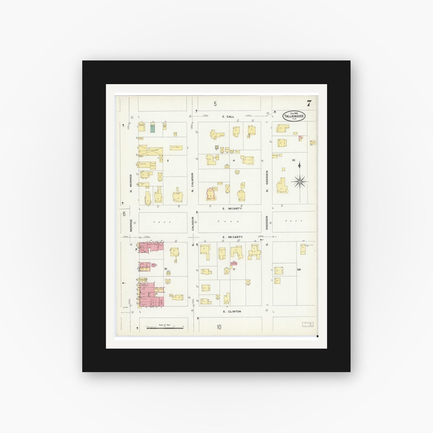 Old map wall art mockup — black gallery frame with white mat — Sanborn Fire Insurance Map from Tallahassee, Leon County, Florida (1909), Sheet #0007