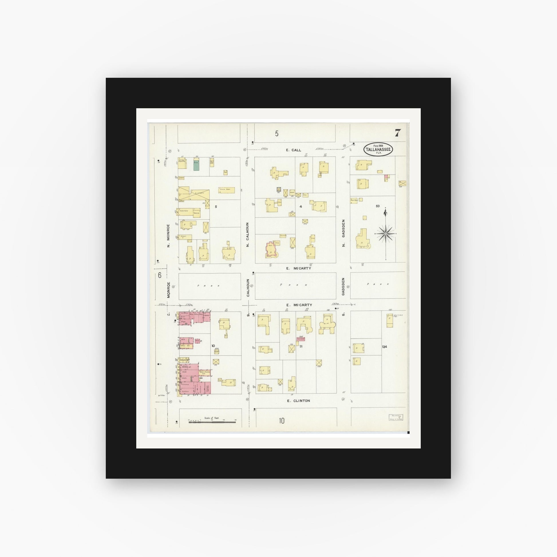 Old map wall art mockup — black gallery frame with white mat — Sanborn Fire Insurance Map from Tallahassee, Leon County, Florida (1909), Sheet #0007