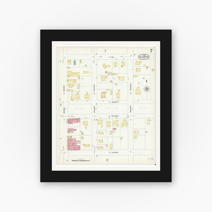 Old map wall art mockup — black gallery frame with white mat — Sanborn Fire Insurance Map from Tallahassee, Leon County, Florida (1909), Sheet #0007