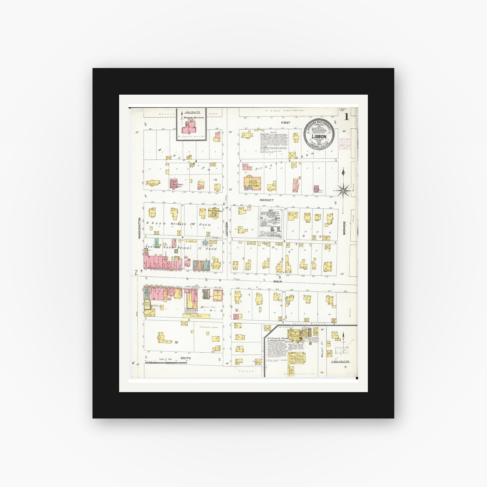 Old map wall art mockup — black gallery frame with white mat — Sanborn Fire Insurance Map from Lisbon, Linn County, Iowa (1906), Sheet #0001