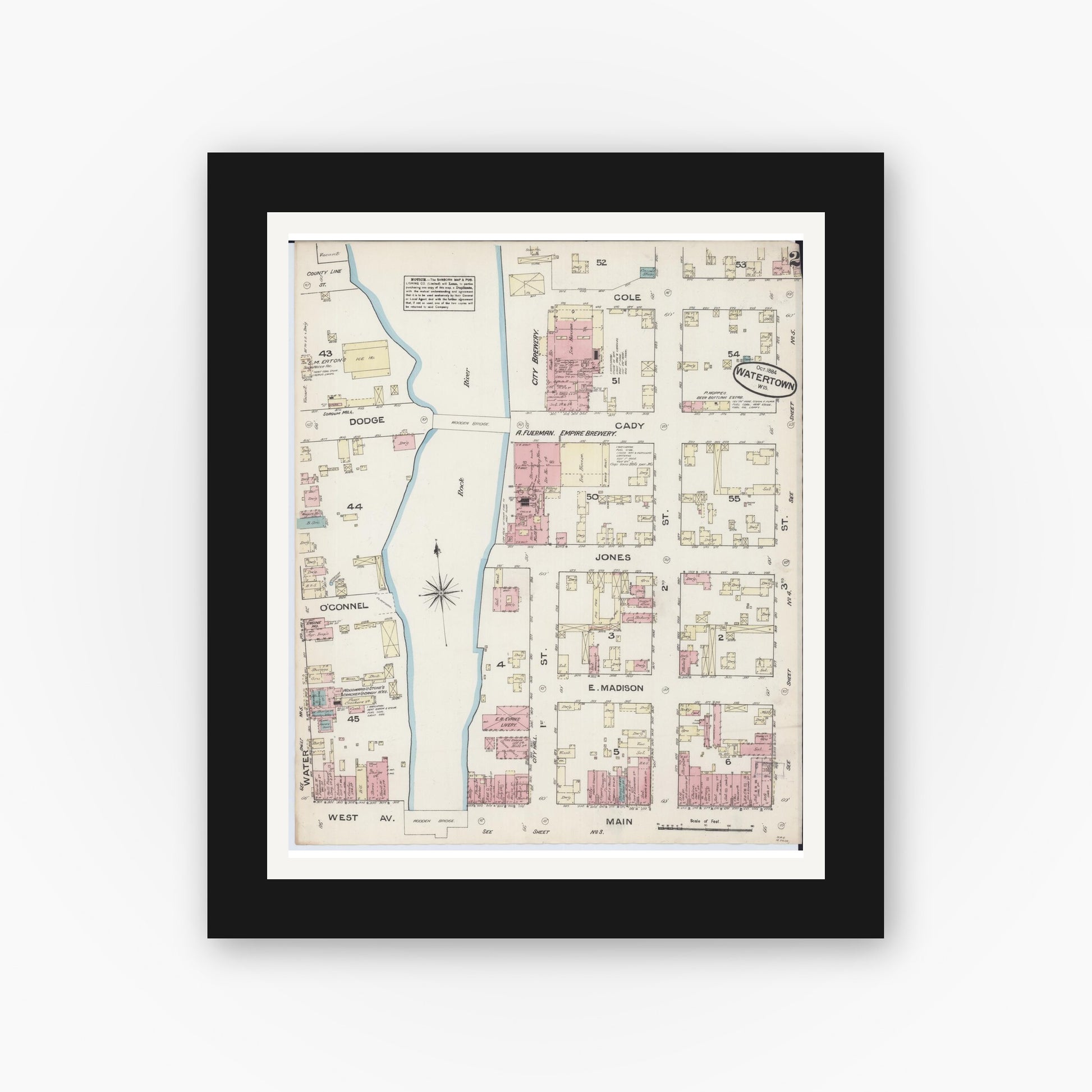 Old map wall art mockup — black gallery frame with white mat — Sanborn Fire Insurance Map from Watertown, Jefferson County, Wisconsin (1884), Sheet #0002