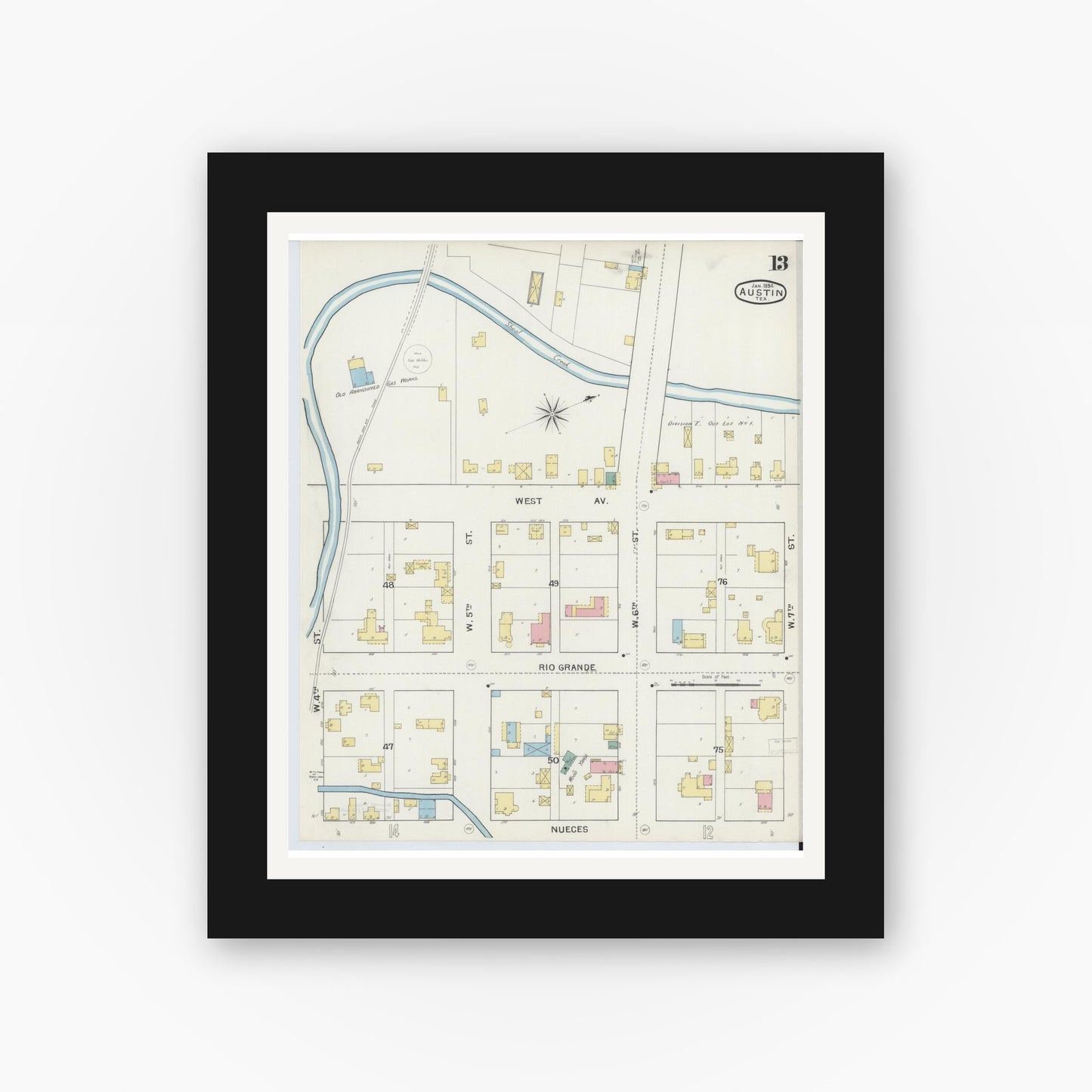Old map wall art mockup — black gallery frame with white mat — Sanborn Fire Insurance Map from Austin, Travis County, Texas (1894), Sheet #0013