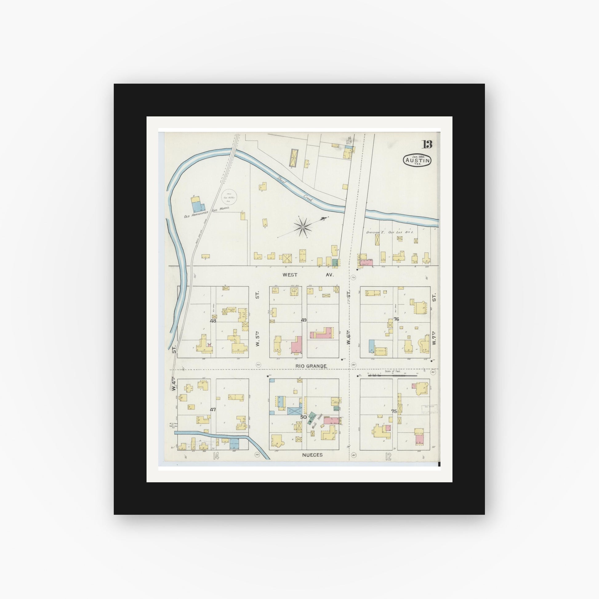 Old map wall art mockup — black gallery frame with white mat — Sanborn Fire Insurance Map from Austin, Travis County, Texas (1894), Sheet #0013