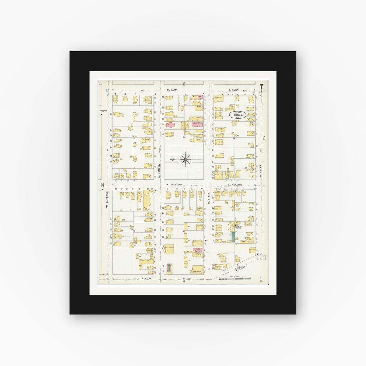 Old map wall art mockup — black gallery frame with white mat — Sanborn Fire Insurance Map from Ithaca, Tompkins County, New York (1904), Sheet #0007