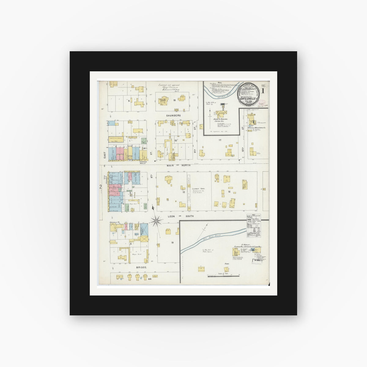 Old map wall art mockup — black gallery frame with white mat — Sanborn Fire Insurance Map from Gatesville, Coryell County, Texas (1896), Sheet #0001