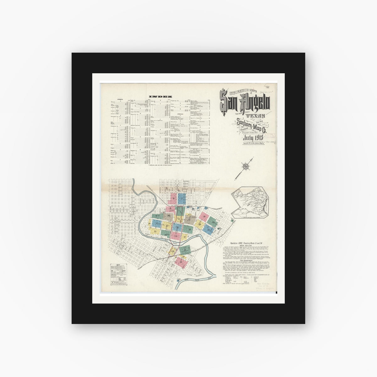Old map wall art mockup — black gallery frame with white mat — Sanborn Fire Insurance Map from San Angelo, Tom Green County, Texas (1913) - Complete Map Set