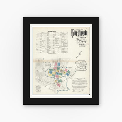 Old map wall art mockup — black gallery frame with white mat — Sanborn Fire Insurance Map from San Angelo, Tom Green County, Texas (1913) - Complete Map Set