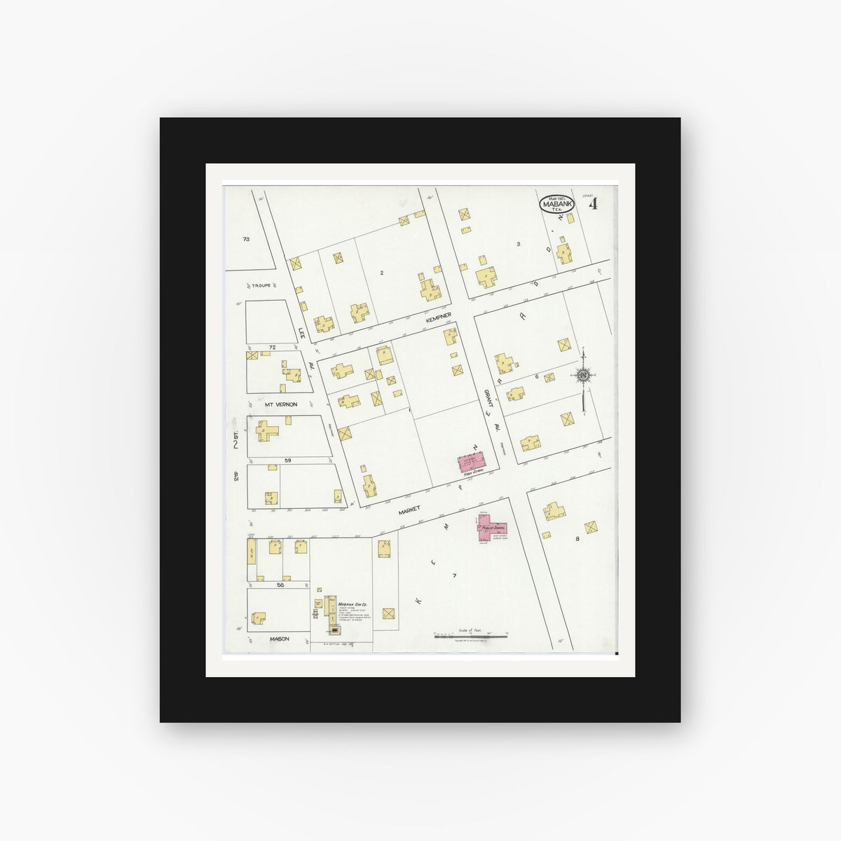 Old map wall art mockup — black gallery frame with white mat — Sanborn Fire Insurance Map from Mabank, Kaufman County, Texas (1921), Sheet #0004