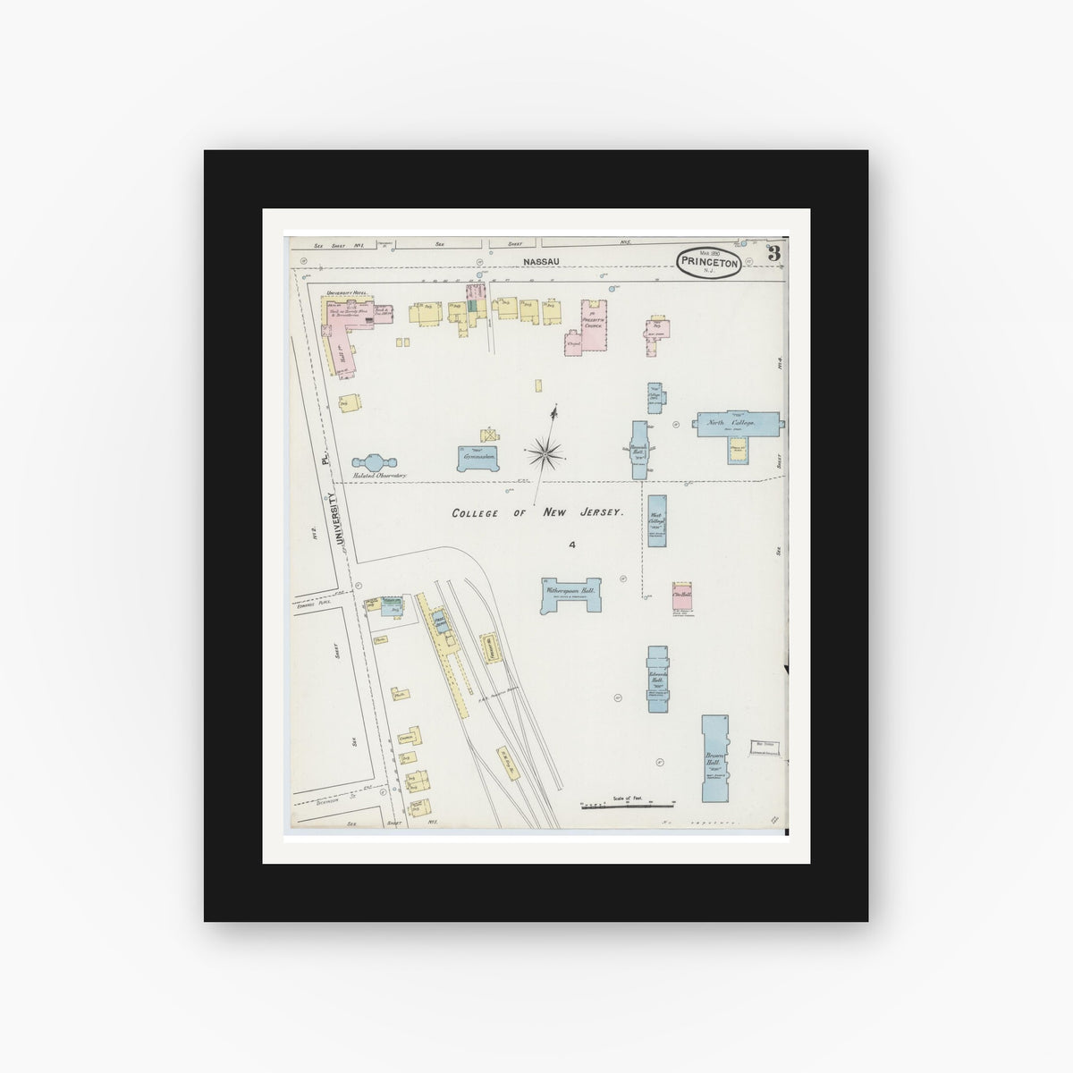 Old map wall art mockup — black gallery frame with white mat — Sanborn Fire Insurance Map from Princeton, Mercer County, New Jersey (1890), Sheet #0003