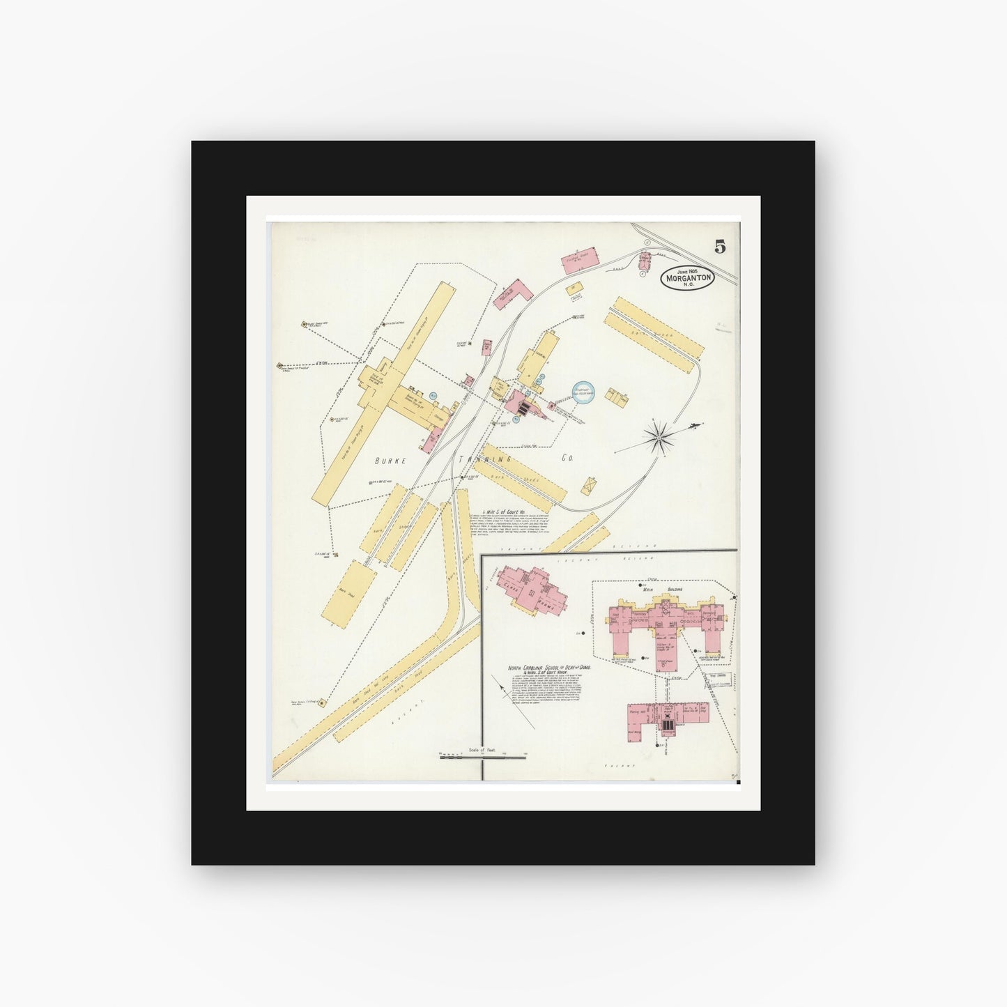 Old map wall art mockup — black gallery frame with white mat — Sanborn Fire Insurance Map from Morganton, Burke County, North Carolina (1905), Sheet #0005