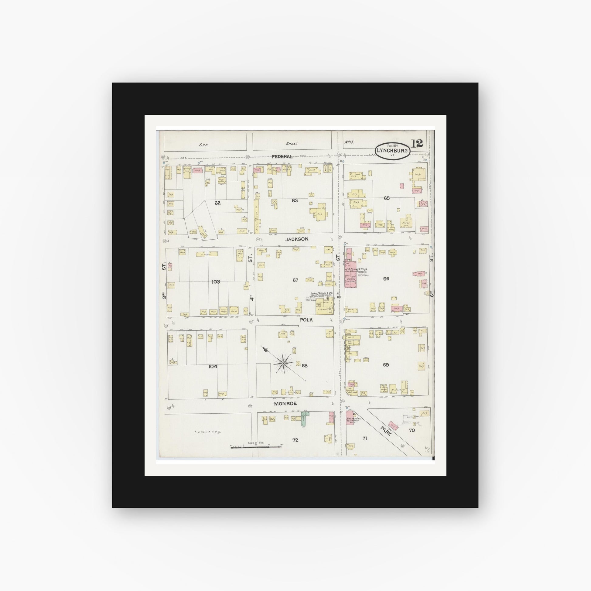Old map wall art mockup — black gallery frame with white mat — Sanborn Fire Insurance Map from Lynchburg, Independent Cities, Virginia (1890), Sheet #0012