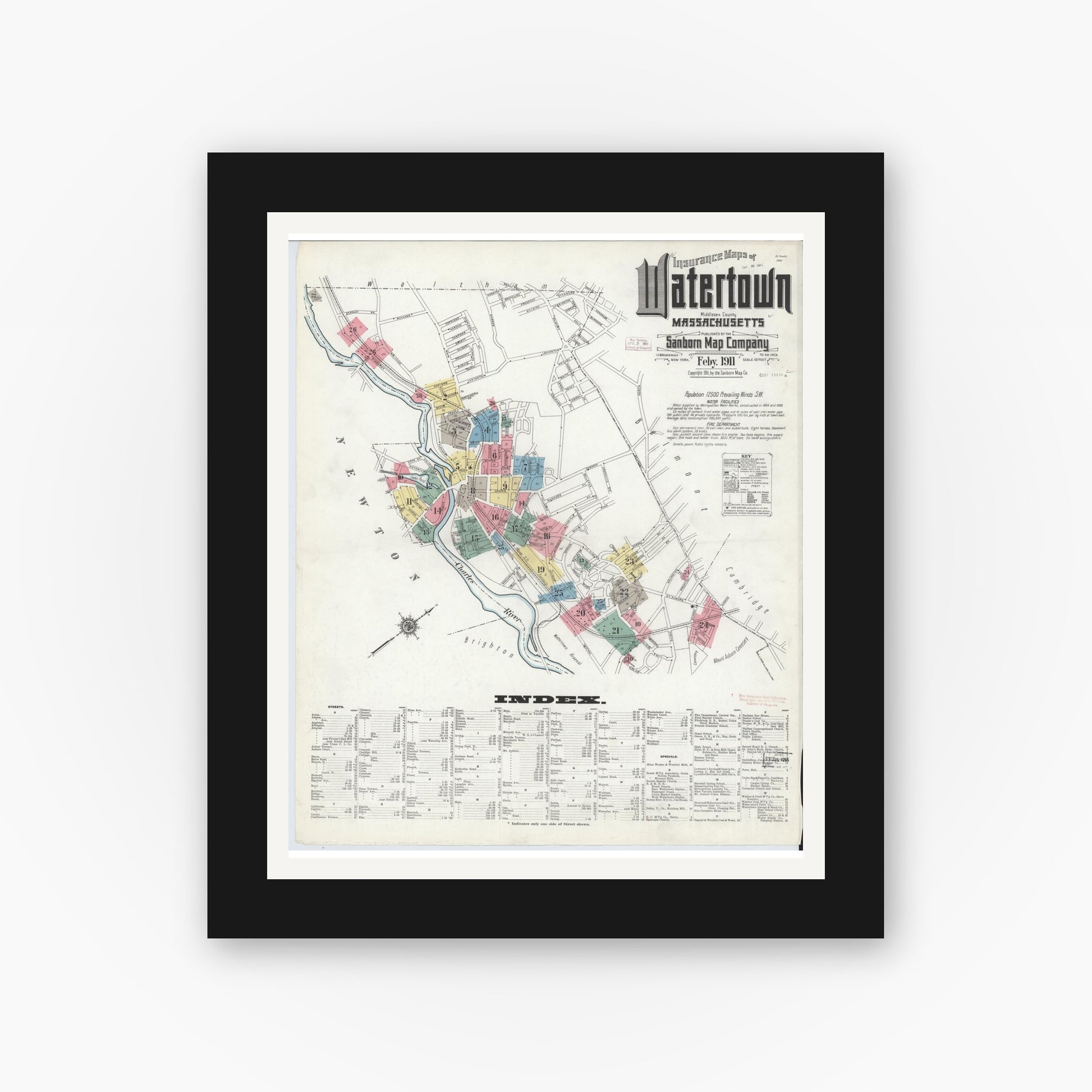 Old map wall art mockup — black gallery frame with white mat — Sanborn Fire Insurance Map from Watertown, Middlesex County, Massachusetts (1911) - Complete Map Set