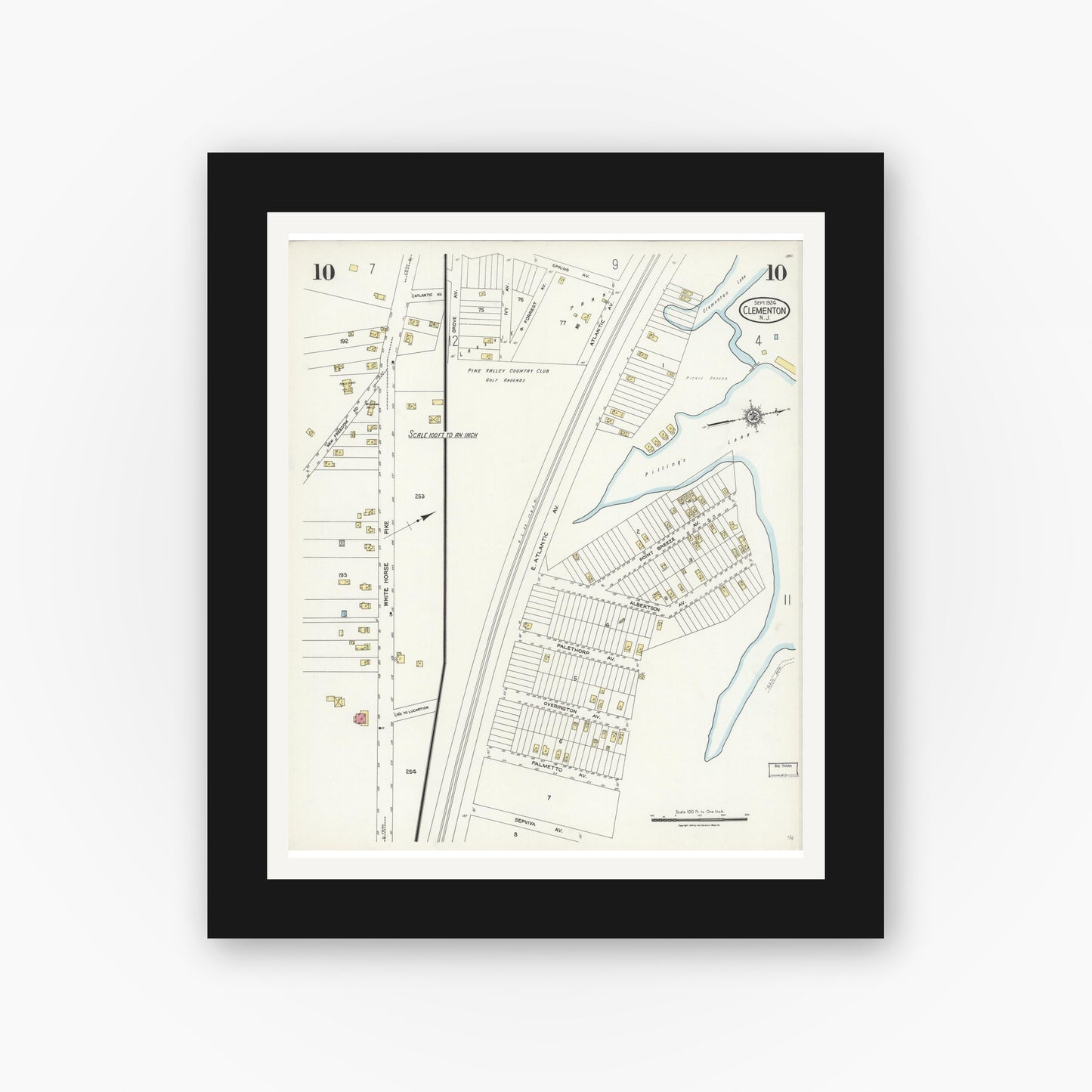 Old map wall art mockup — black gallery frame with white mat — Sanborn Fire Insurance Map from Clementon, Camden County, New Jersey (1924), Sheet #0010