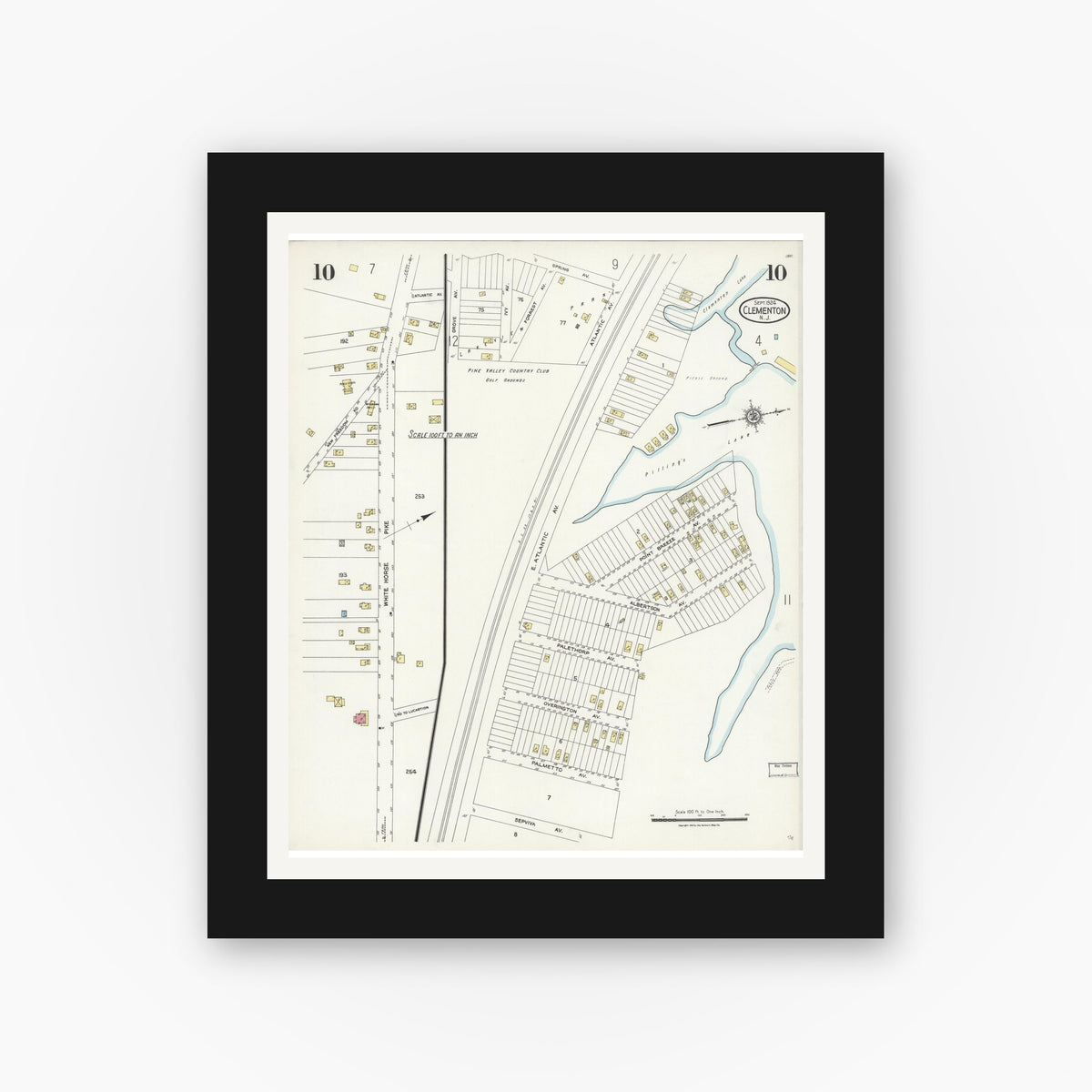 Old map wall art mockup — black gallery frame with white mat — Sanborn Fire Insurance Map from Clementon, Camden County, New Jersey (1924), Sheet #0010