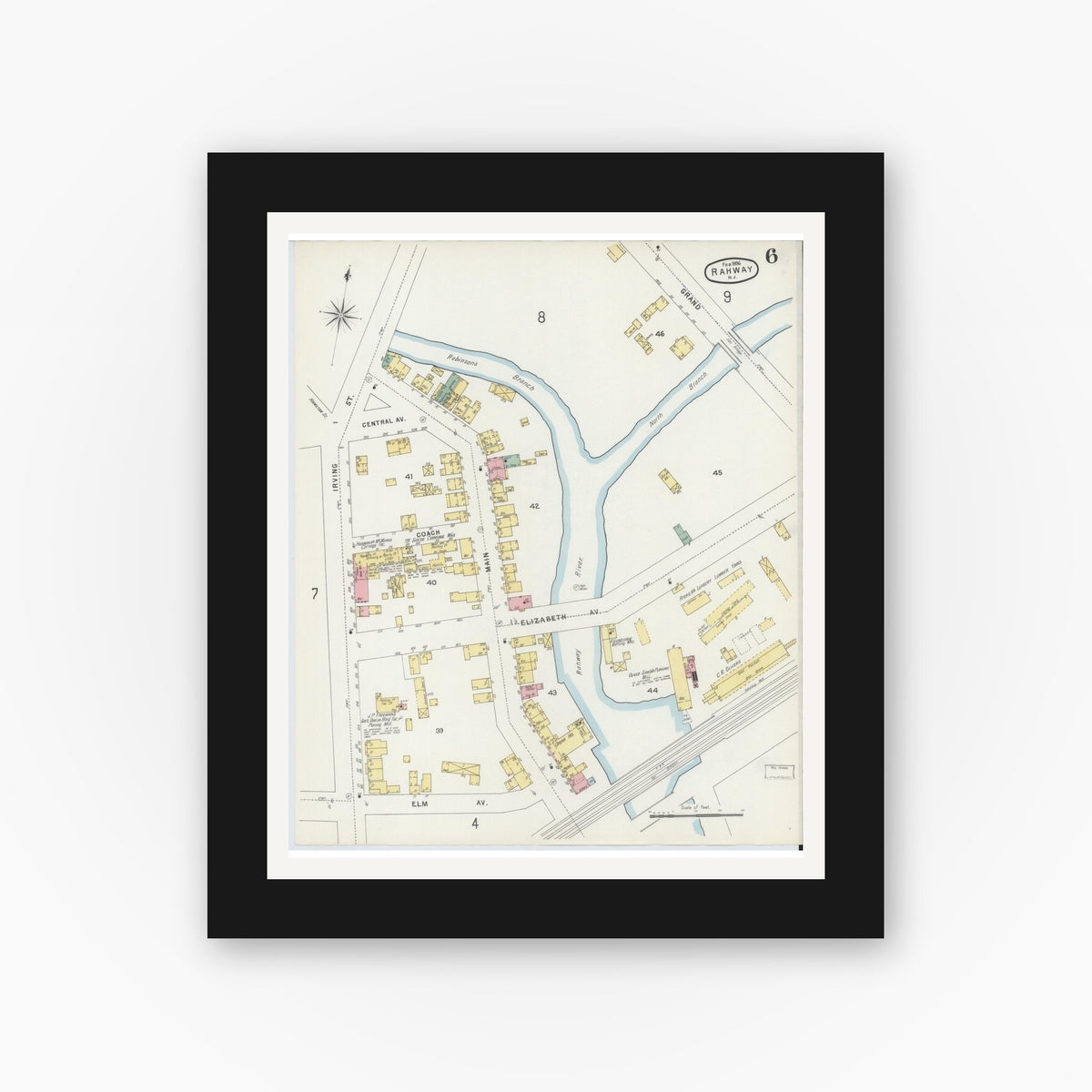 Old map wall art mockup — black gallery frame with white mat — Sanborn Fire Insurance Map from Rahway, Union County, New Jersey (1896), Sheet #0006