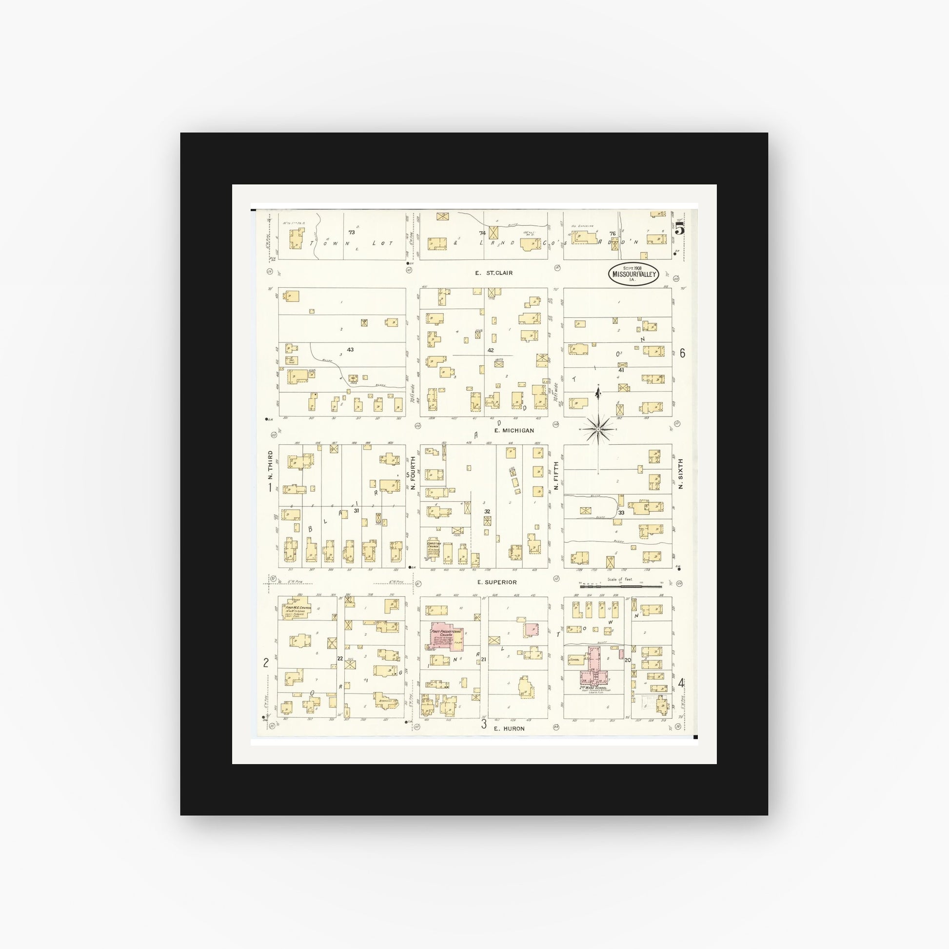 Old map wall art mockup — black gallery frame with white mat — Sanborn Fire Insurance Map from Missouri Valley, Harrison County, Iowa (1908), Sheet #0005