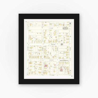 Old map wall art mockup — black gallery frame with white mat — Sanborn Fire Insurance Map from Missouri Valley, Harrison County, Iowa (1908), Sheet #0005